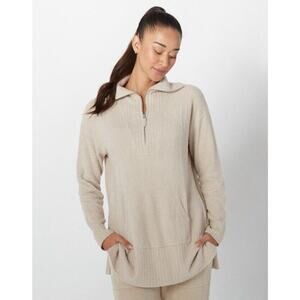 Barefoot Dreams CozyChic Lite Half Zip Hi-Low Pullover Size Small Crème Color